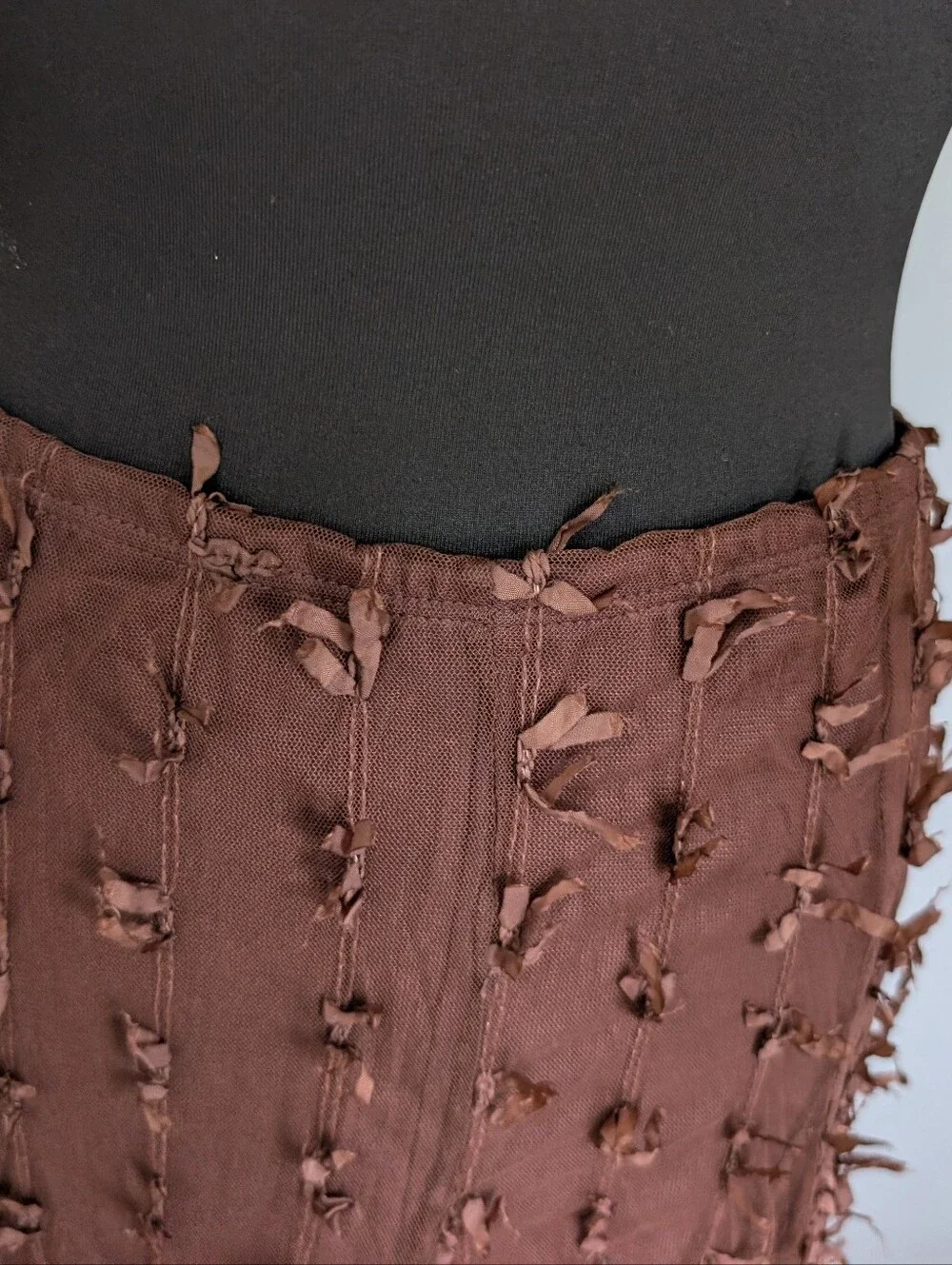 Handkerchief Hem Brown Tulle Ribbon Midi Skirt - Picture 9 of 11